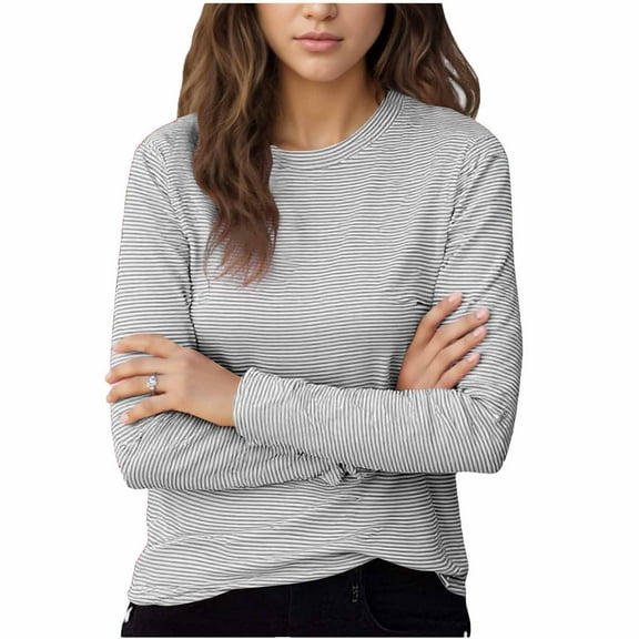 FAIWAD Long Sleeve Tops for Women Striped Crew Neck Classic Loose T-Shirts Casual Lightweight Pullover