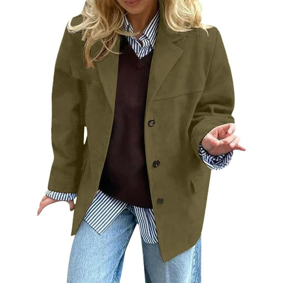 WTOBBY Women's Fashion Solid Color Retro Jacket with Oversized Fit and Pockets, Long Sleeve Casual Blazer Style,Army Green L