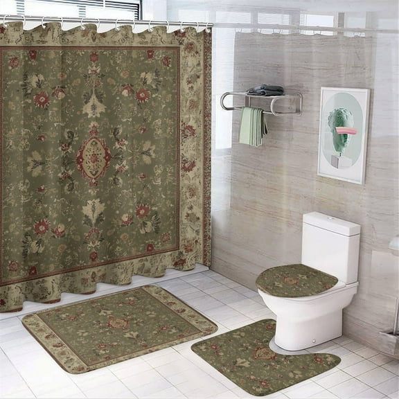 Bohemia Shower Curtain Set 4PCs with Hooks Waterproof Bathroom Toilet Mat Lid Decor