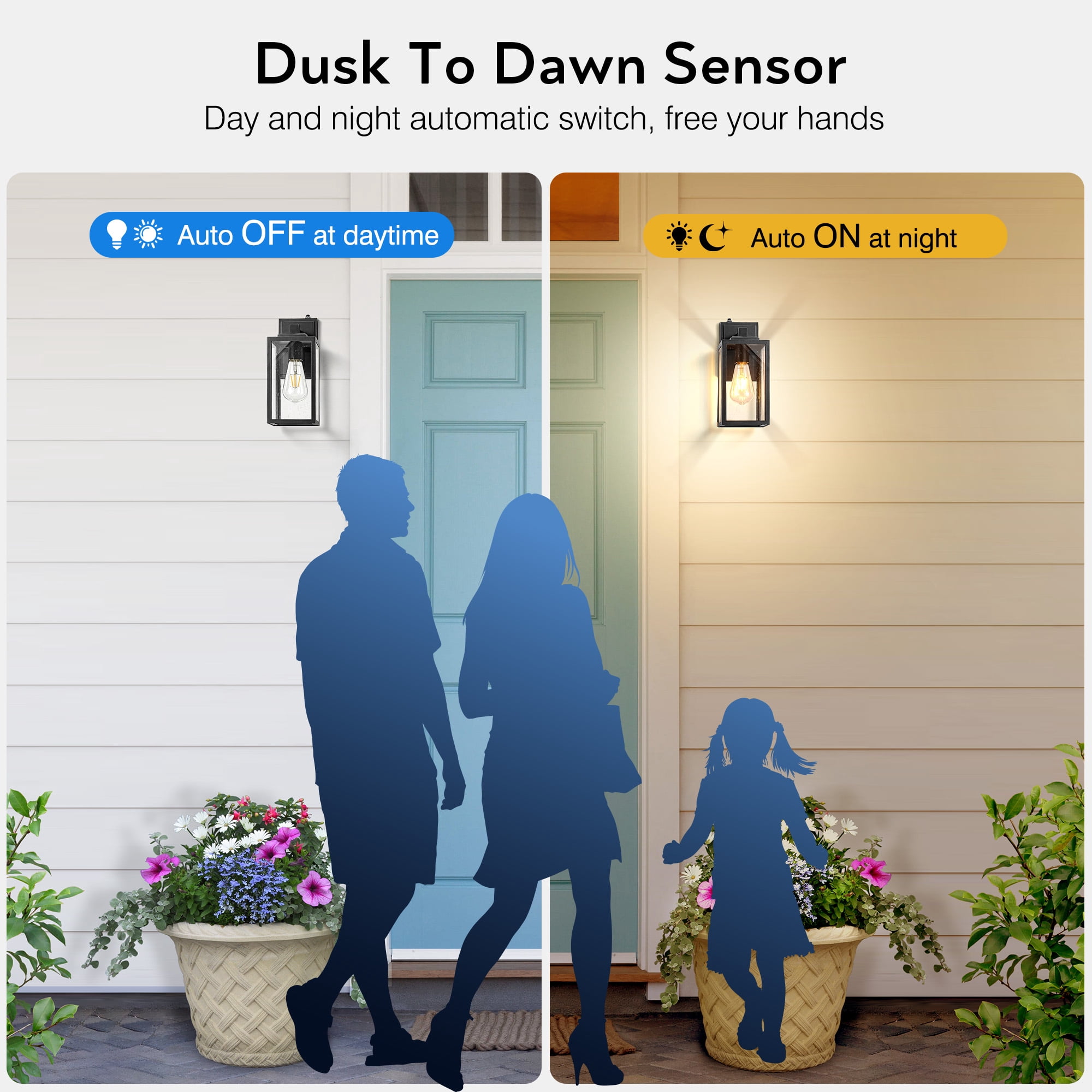 VIANIS Dusk to Dawn Outdoor Porch Lights Wall Mount, Modern Black Outdoor Wall Sconce Lanterns, Anti-Rust Waterproof Exterior Lights Fixtures for House with Tempered Seeded Glass Shade