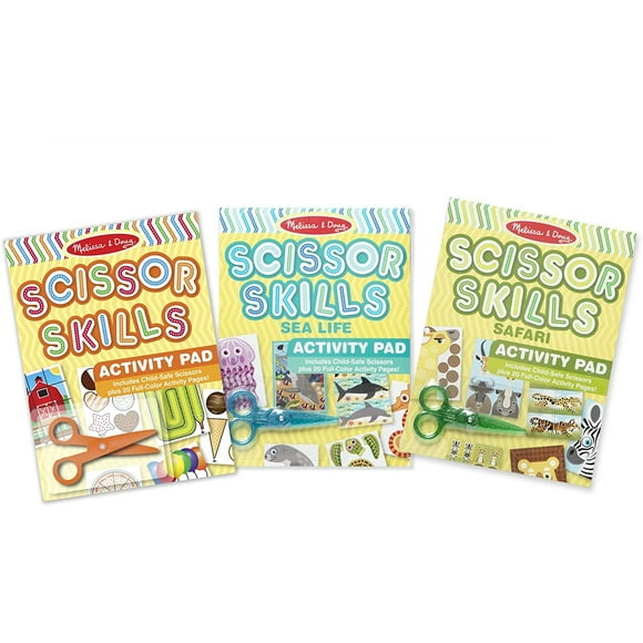 Melissa & Doug Scissor Skills Activity Pad con paquete de 3 tijeras seguras para niños (Safari, Sea Life, Actividades – 20 páginas cada uno)