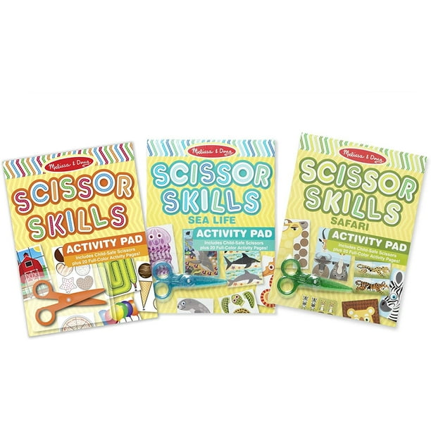 Melissa & Doug Scissor Skills Activity Pad con paquete de 3 tijeras seguras para niños (Safari, Sea Life, Actividades – 20 páginas cada uno)