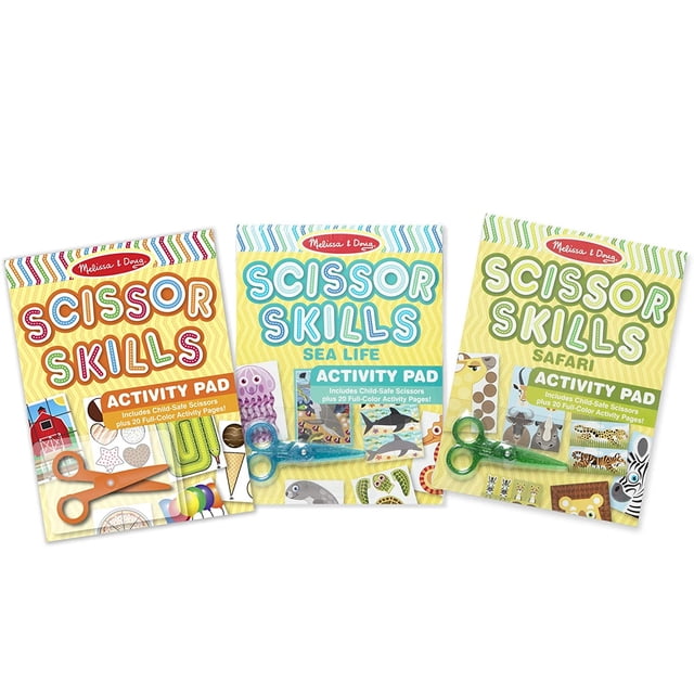 Melissa & Doug Scissor Skills Activity Pad con paquete de 3 tijeras seguras para niños (Safari, Sea Life, Actividades – 20 páginas cada uno)