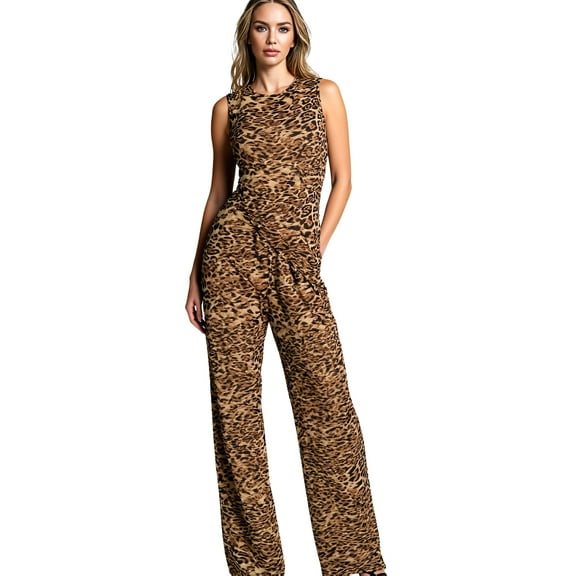 Women's Fashion Leopard Print Sleeveless Ruched Detail Wide-Leg Casual Jumpsuit