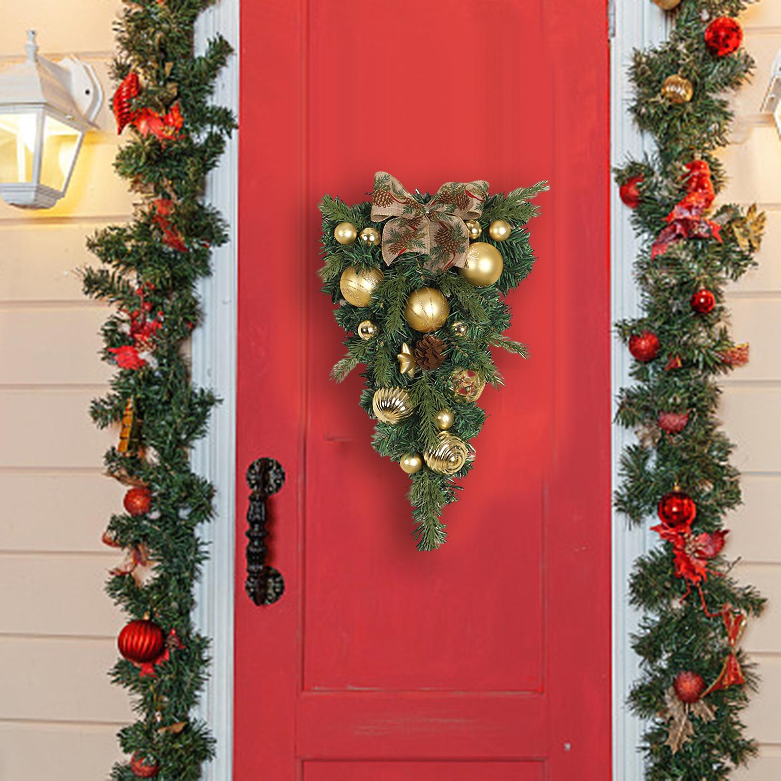 Décoration De Noël Artificielle - Swag Porte D'entrée 60 Cm Avec Baies, Fleurs, Boules Et Nœud - Pour Escalier, Fenêtre, étagère - 7