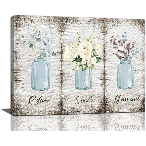 Farmhouse Floral Bathroom Wall Art Botanical Flower Mason Jar Pictures Wall Decor Relex Soak Unwind Bathroom Sign Canvas Prints Painting Artwork Home Decorations For Kitchen Bedroom Framed 16"x12"