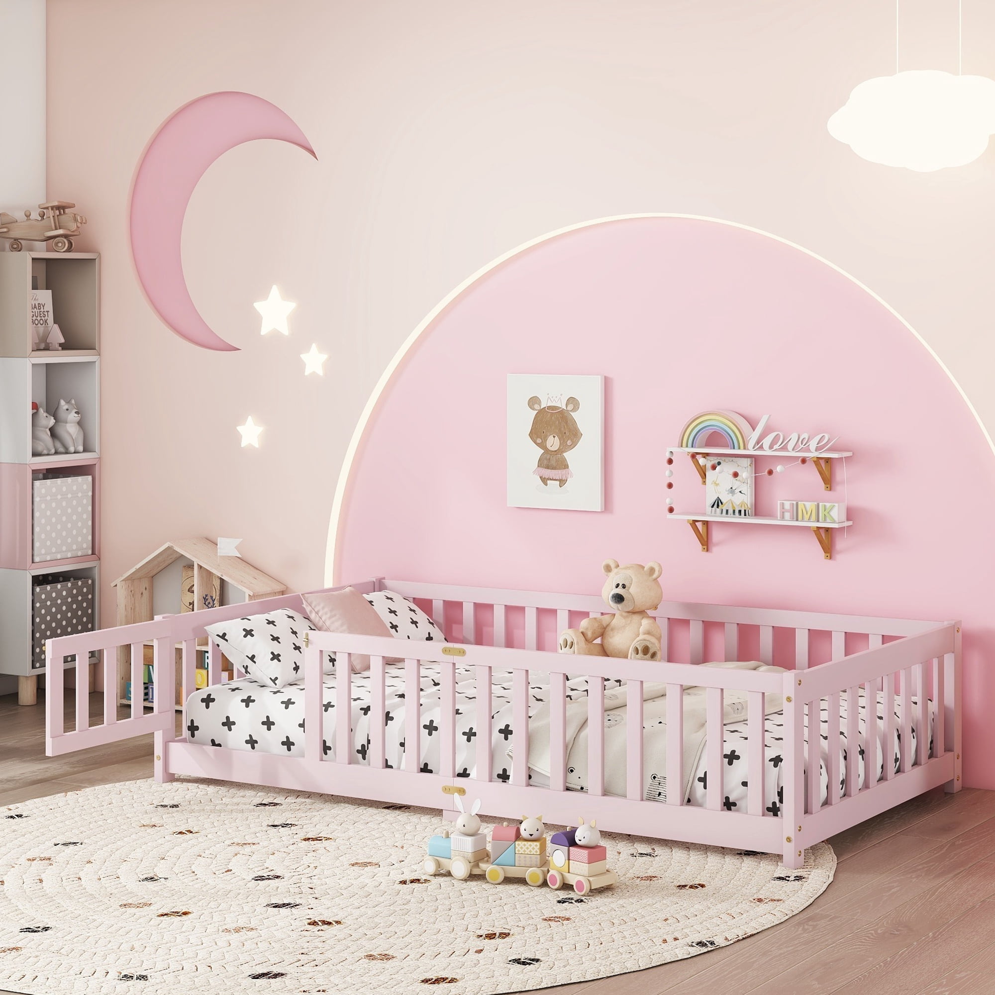 Alvantor Twin Size Floor Bed for Toddler, Solid Wood Floor Bed with Door and Fence Guardrail, Montessori Floor Bed for Boys, Girls,Pink