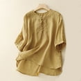 thumbnail image 3 of Yellow Women's Short Sleeve T-shirt, Women'S Vintage Cotton Linen Round Neck Embroidery Loose Mid Sleeve T Shirt Top,Women's Short sleeve T-shirt M, 3 of 5