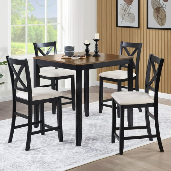 UHOMEPRO 5 Piece Dining Table Set, Counter Height Table Set for 4, Farmhouse Bar Table and Chair Set, Wood Kitchen Table Set with Square Table and 4 Padded Chairs for Kitchen, Black Oak Beige