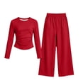 thumbnail image 2 of QTBIUQ Girls Two-Piece Fall Set Long-Sleeve Fitted Crop Top and Elastic Waist Wide-Leg Pants Casual Outfit Set, 2 of 6
