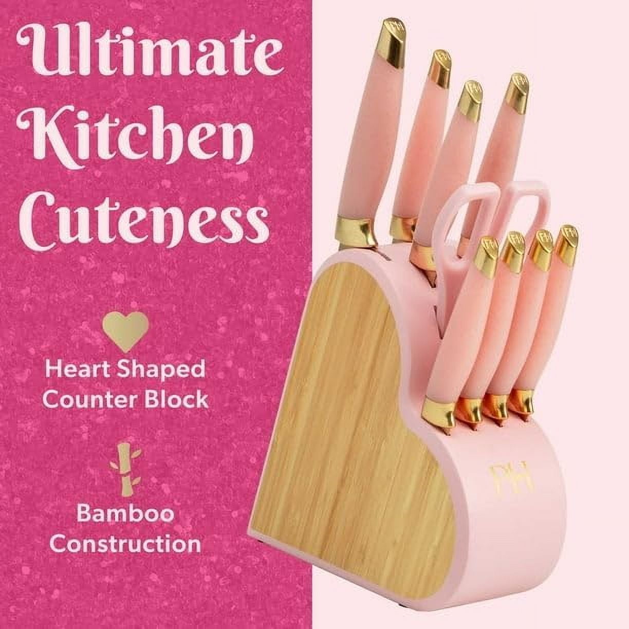 10-Piece Heart-Shaped Stainless Steel Knife Block Set, Pink, Hand Wash Only