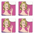 thumbnail image 1 of Vintage Coaster Set of 4, Pop Art Blonde Woman Making OK Sign on Dotted Background Retro Comic Book Design, Square Hardboard Gloss Coasters, Standard Size, Multicolor, by Ambesonne, 1 of 2