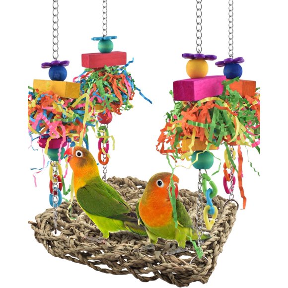 Conure Toys, Bird Grass Swing Mat Parrot Climbing Hammock with Colorful Toys for Parakeet, Cockatiel, Sun Conure, Lovebird, Budgie, Small Birds