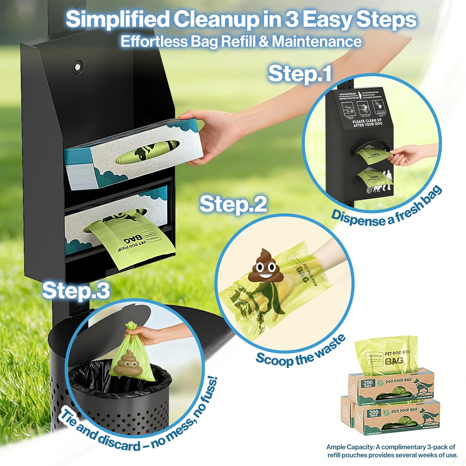POCHAR Aluminum Rustproof Dog Waste Disposal Station for Pet Parks - 10 Gallon Outdoor Pet Poop Disposal Bin with Reflective Sign & Lid - Included 600 Pet Waste Bags (Black)