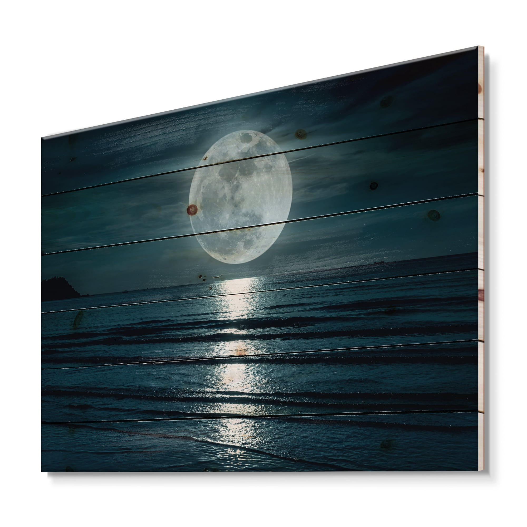 Designart 'Super Full Moon Over The Sea I' Modern Print on Natural Pine Wood