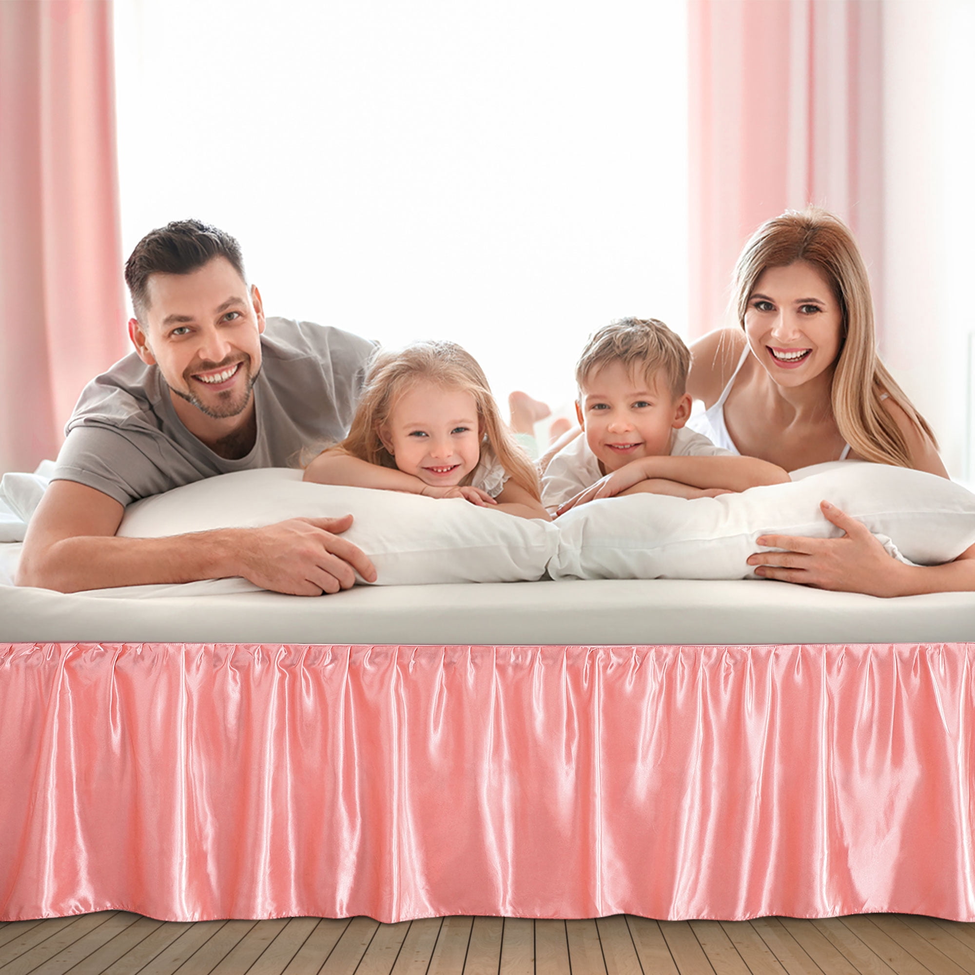 PiccoCasa Satin Silk Wrap Around Bed Skirt Dust Ruffle 18" Drop, King Coral Pink