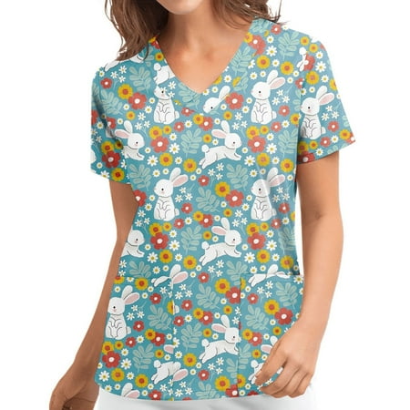 

Women Scrub Tops Soft Nurse Uniform Casual V Neck Short Sleeve Shirts Easter Print Workwear with Pockets