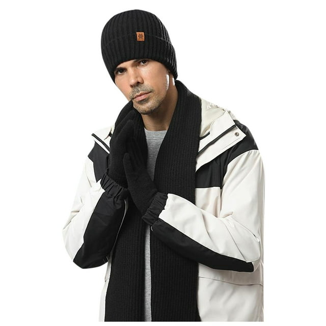 MIASHUI Double Layer Plush Thick Ear Protection Beanie Fashion Versatile Three-Piece Set, Scarf Set for Women Black
