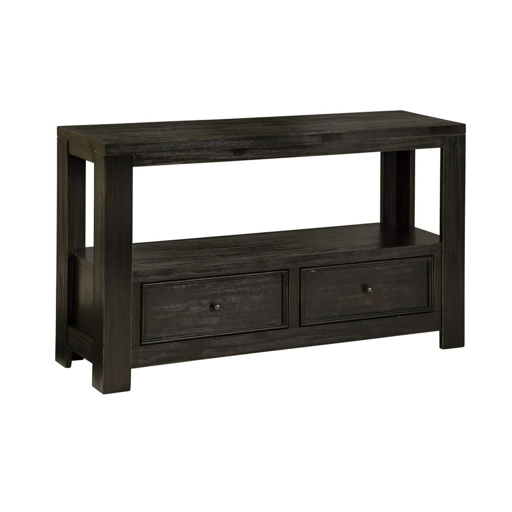 Wooden Sofa Table with 2 Drawers and 1 Bottom Shelf, Dark Gray