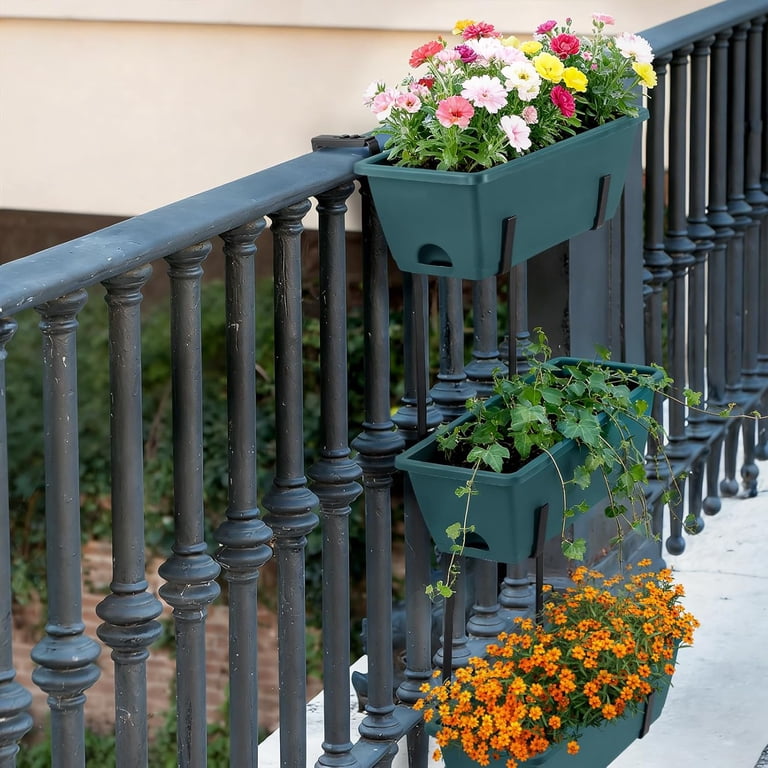 Window Boxes Planters with Adjustable Brackets Set of 2 Outdoor Fence  Planters, Over the Deck Railing Planter Box with 6 Pack Hanging Plastic Flower  Pots, Drainage Holes for Balcony, Patio, Green - Walmart.com