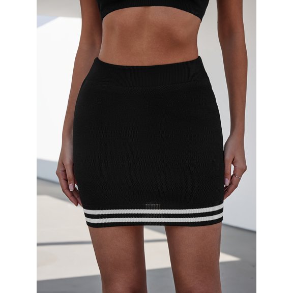 Women's Black Slimming Straight-Cut Skirt with White Stripes - Breathable High-Quality Fabric, Pockets & Minimalist Design for Sportswear & Casual Wear, Machine Washable