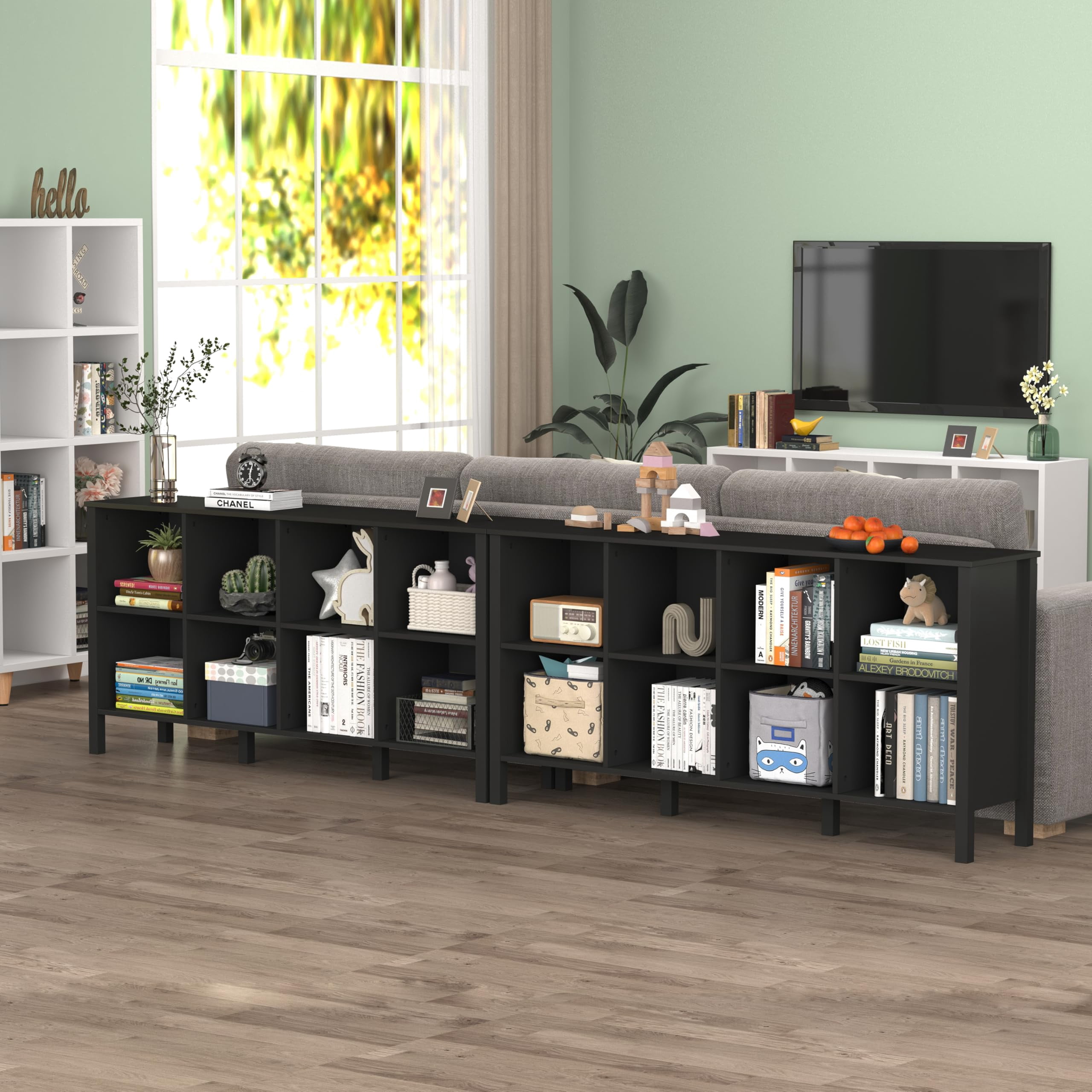 NEWADARA 8-Cube Bookcase, Farmhouse Wooden Bookshelf Low Storage Organizer, 59" Horizontal Black Console with Legs, Hallway Book Case for Entryway, Display Cabinet for Living Room (Black, 8-Cube)