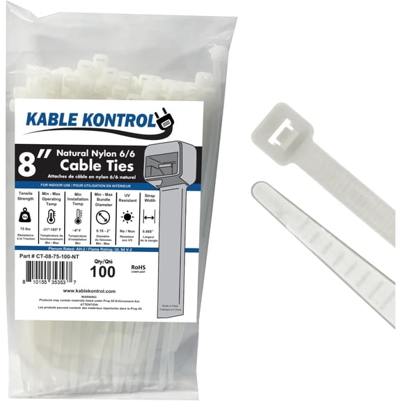 Kable Kontrol Clear Zip Ties - 8" Inch Long - Natural - 75 Lbs Tensile Strength - 100 pc Pack