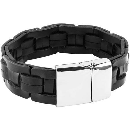 Crucible Stainless Steel Black Leather Bracelet