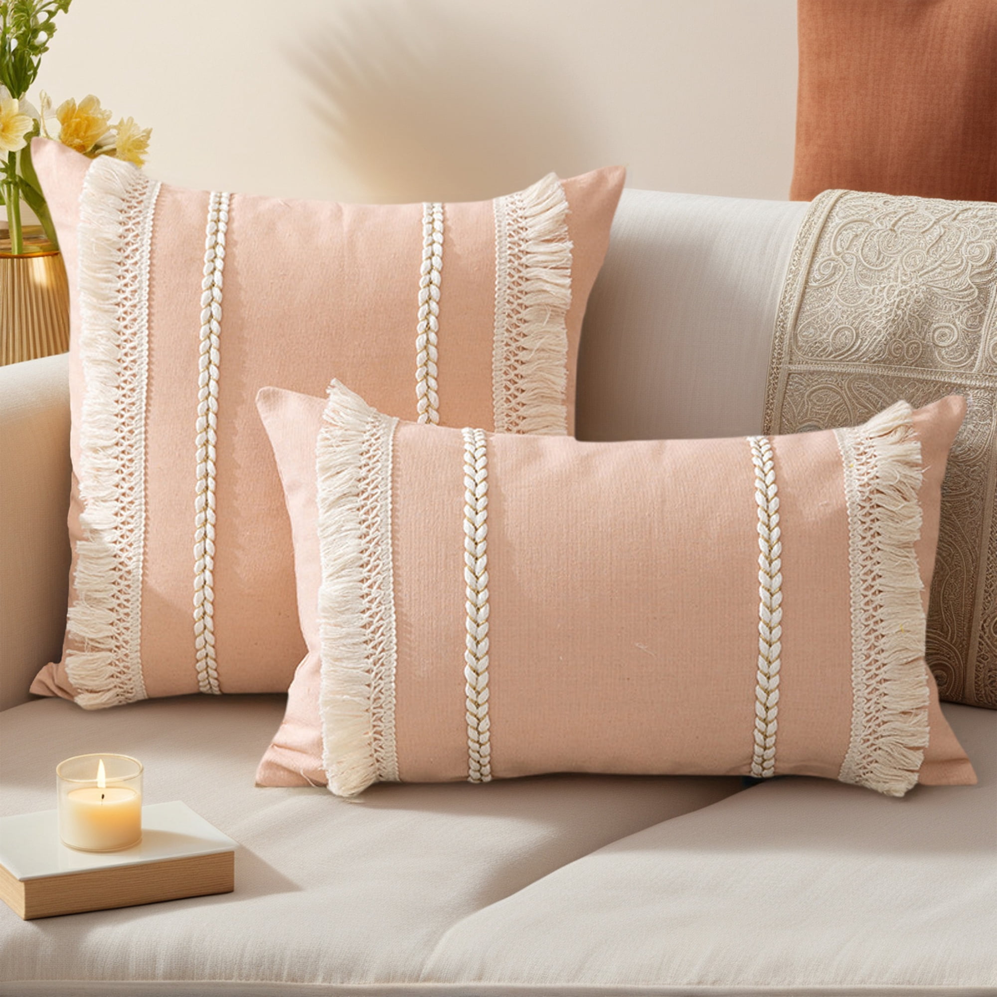Unique Bargains 4 Pcs Boho Modern Textured Pillow Cover Pink/White 12" x 20"