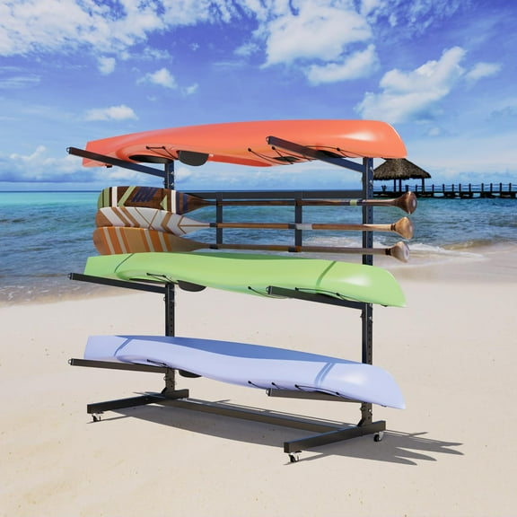 Kayak Storage Rack, Widen & Lengthen Freestanding Kayak Stand with Wheels, Heavy Duty Kayak Holder, Adjustable Canoes and Surfboards Bracket for Outdoor Indoor Storage, Assembly Required