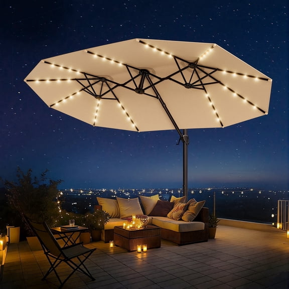 15FT Cantilever Patio Umbrella with LED Lights, 360°Rotation Large Double Sided Rectangular Outdoor Umbrella for Garden, Backyard, Pool, Deck, Beige(with Base)