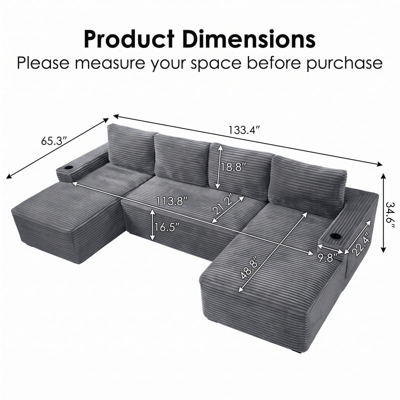 Anpport 133" Boneless Cloud Modular Sectional Couch, Corduroy Sofa with Cup Holders, Side Pockets, Deep Seat, No Assembly Required for Living Room, Gray (U‑Shaped)