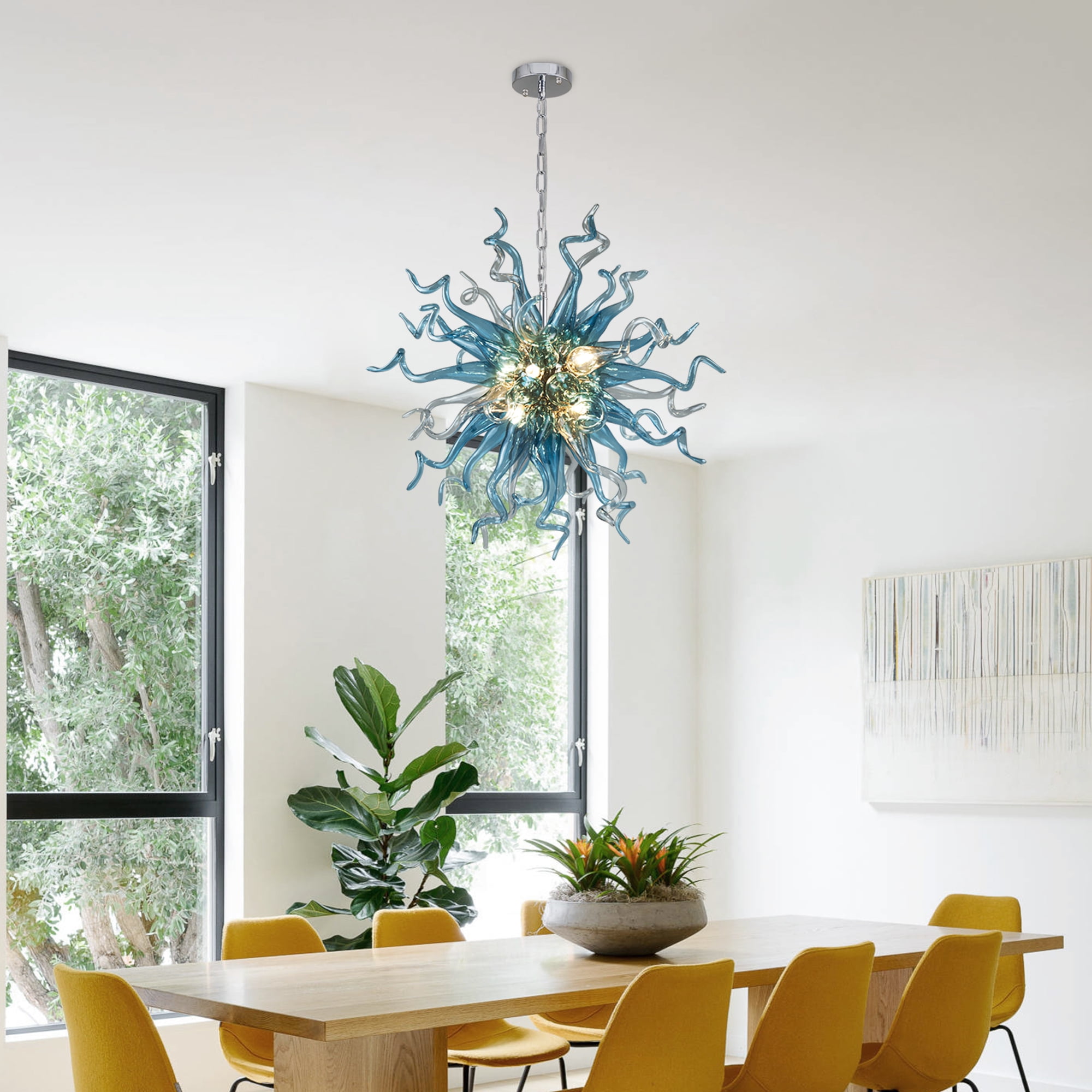 Longree Modern Adjustable Height 6-Light LED Chandelier, Blue Blown Glass Pendant Lights-28"Dia