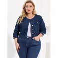 thumbnail image 2 of Women's Plus Size Long Sleeves Button Down Crew Neck Short Denim Jacket Dark Blue 2X, 2 of 6