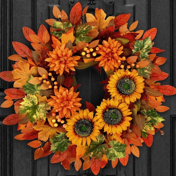 Waipfaru Fall Wreath for Front Door,22inch Sunflower and Dahlia Autumn Wreath, Large Fall Floral Wreath for Thanksgiving, Harvest & Farmhouse Decor