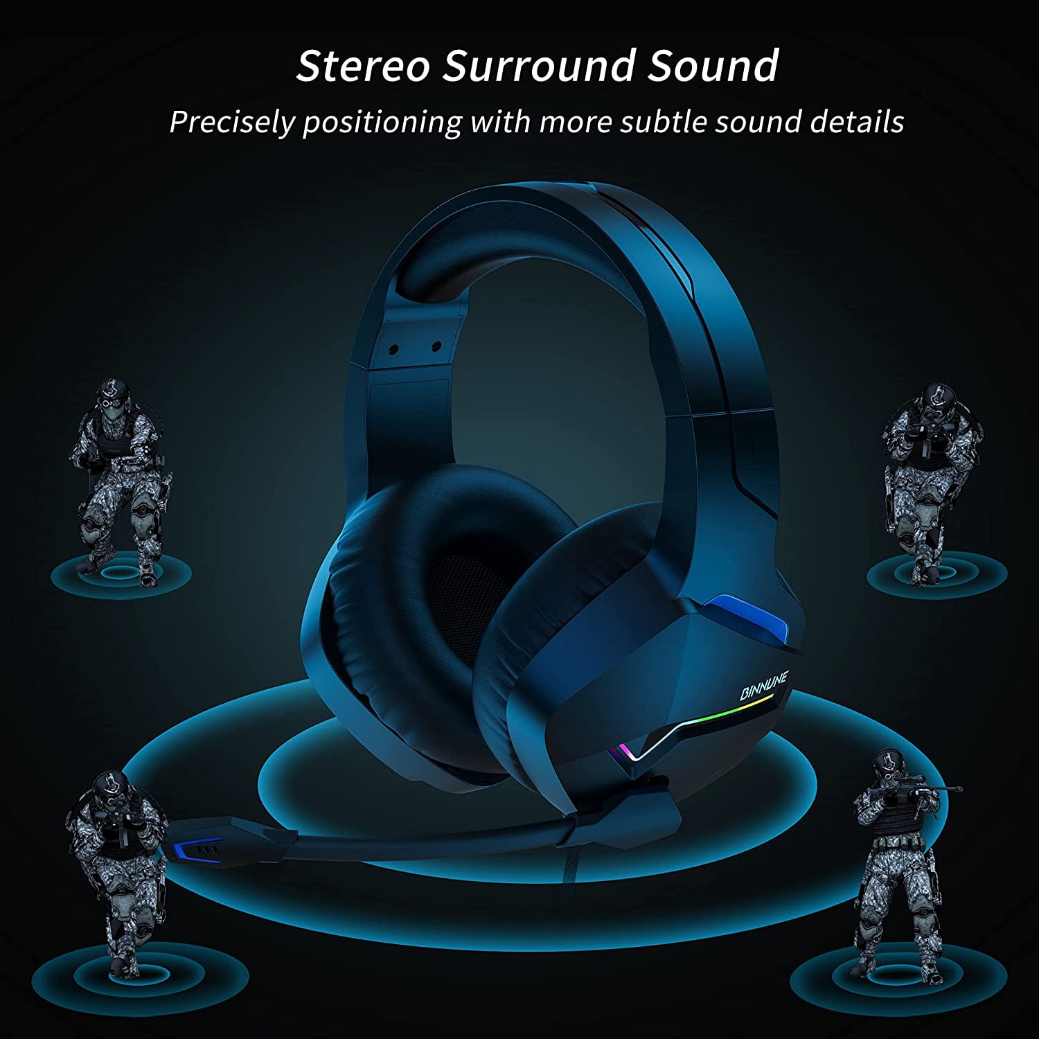 BINNUNE Gaming Headset with Cord for PC / Xbox / Playstation 5 4/ Nintendo Switch Lite / BACKBONE One [RGB LED Light][Noise Cancelling Mic] [50mm Driver] Wired Gamer Headphones Audifonos Para Computa