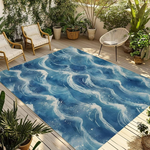 Fsddascl Coastal Waves Outdoor Rug for Patio/Deck/Porch, Non-Slip Large Area Rug 6 x 9 Ft, Summer Beach Ocean Nautical Burlap Indoor Outdoor Rugs Washable Area Rugs, Reversible Camping Rug Carpet