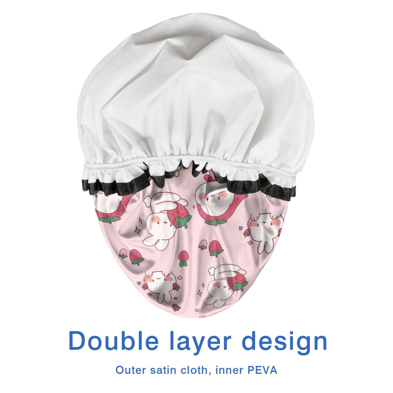 Shower Caps,Red Strawberry Plants Fruit Rabbit Pink Pattern Waterproof Shower Cap for Women 4 Pieces,Double Reusable Hair Cover for Shower PEVA Elastic Stretch Hem