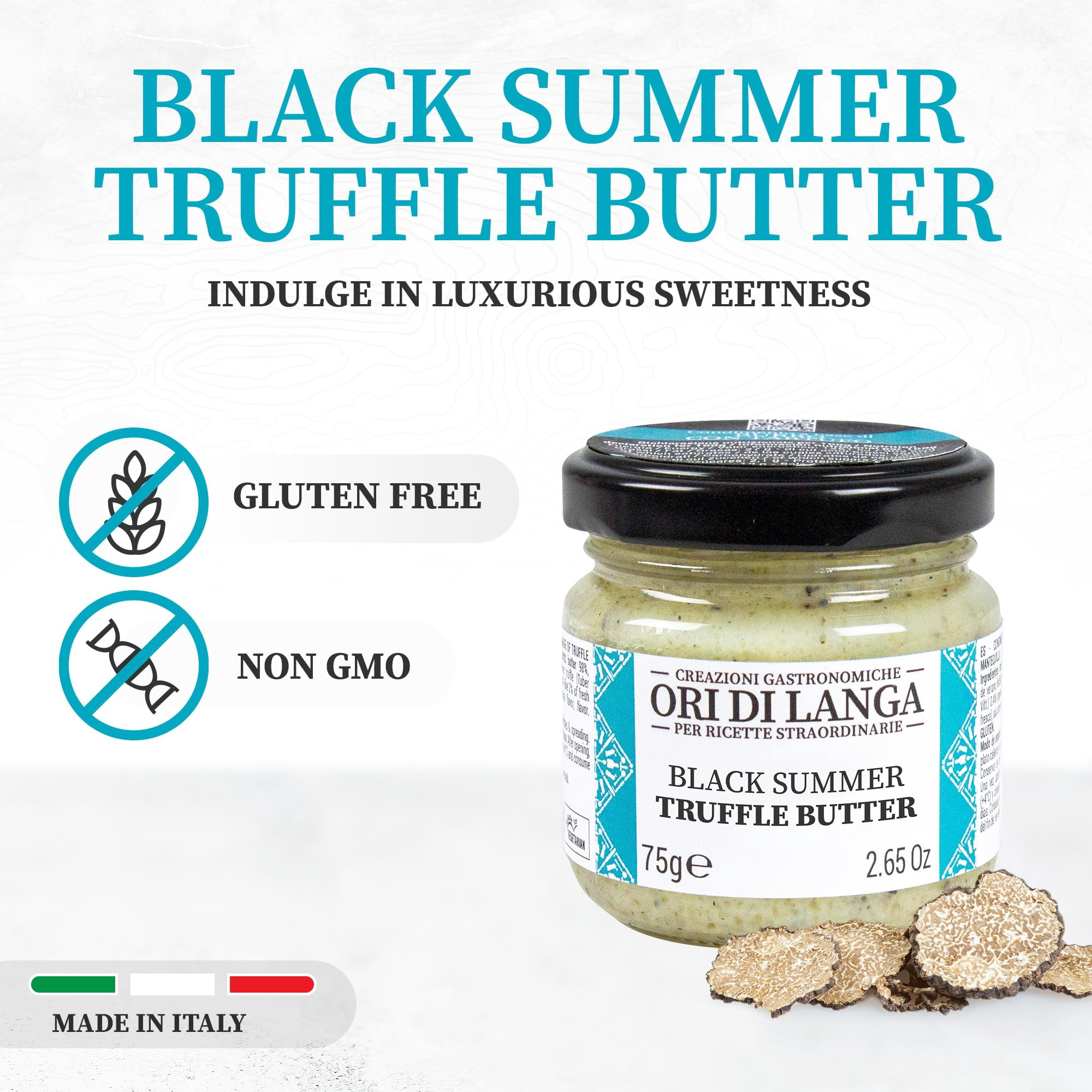 Ori di Langa Black Truffle Butter - Gourmet Flavored Butter Spread Infused with Black Summer Truffles Foraged in Italy, Luxurious All Natural Spreadable Butter for Foodies, Non-GMO - 2.65 oz