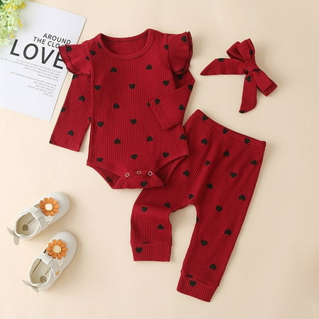 

Leutsin Toddler Kids Baby Girls heart Print Solid Ruffle Romper+Pants+Headbands Outfits