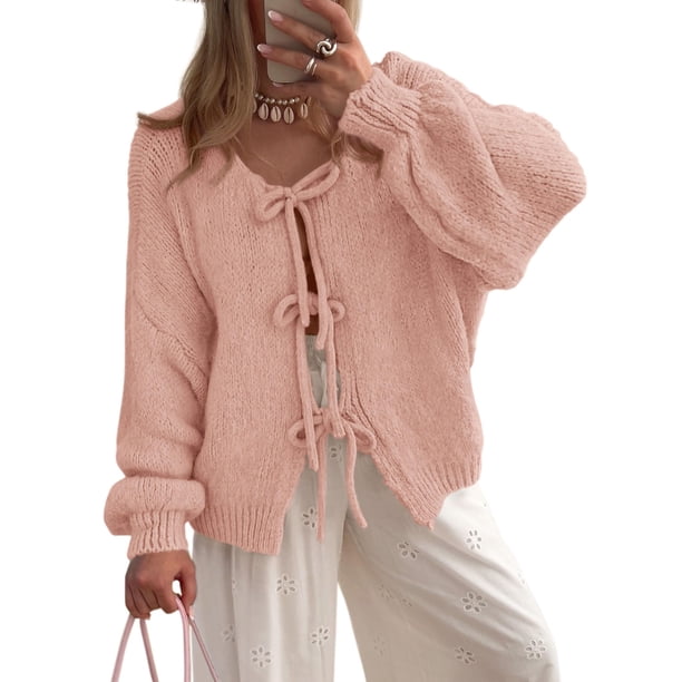 Suéter PRETTYGARDEN con Lazo Frontal, Tejido Grueso, Rosa, Talle XL