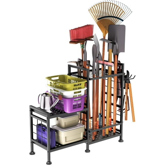 3 Tier Garden Tool Organizer, Garage Storage and Organization, Metal Yard Tools Storage up to 78 Tools, Heavy Duty Garden Tool Organizer for Garage, Yard, Patio, Shed, Indoors and Outdoors, Black