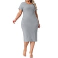 thumbnail image 4 of Vestido Bodycon de Talla Grande para Mujer Agnes Orinda, Cuello Redondo, Manga Corta, Con Abertura en la Parte Posterior, Estilo Casual, Midi, Vestido Tipo Camiseta 1X Gris, 4 of 6