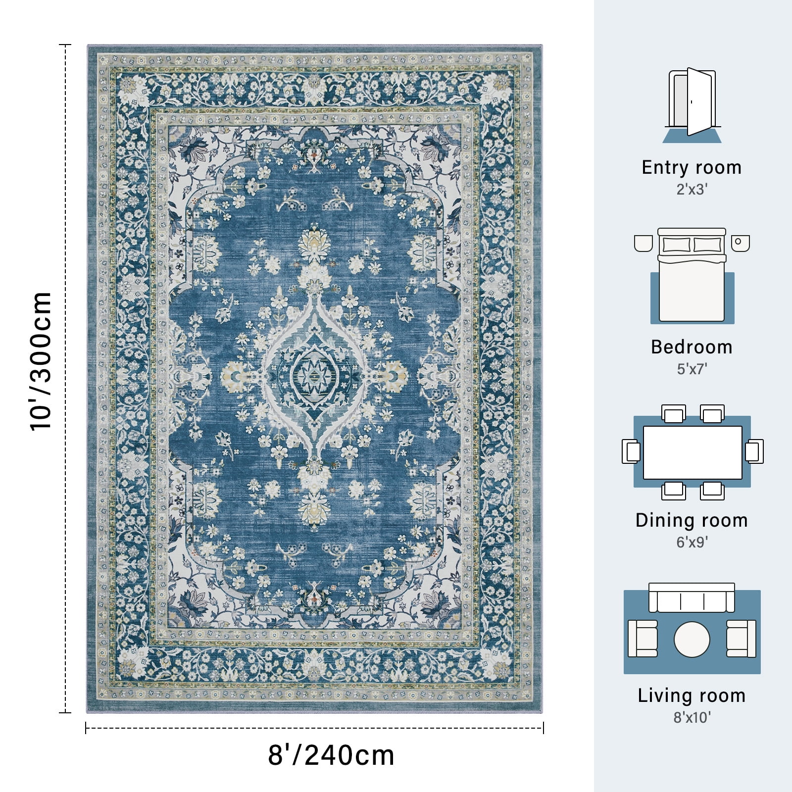 8'x10' Area Rugs for Living Room Washable, Blue Medallion  Vintage Boho Non Slip Rug- Oriental Traditional Farmhouse Carpet for Bedrooms Dining Room, Living Room, Home Office.