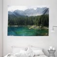 thumbnail image 1 of Nature Tapestry, Aerial View of Pine Forest by the Lake beneath Mountain Pastoral Landscape, Wall Hanging for Bedroom Living Room Dorm Decor, 80W X 60L Inches, Dark and Jade Green, by Ambesonne, 1 of 2
