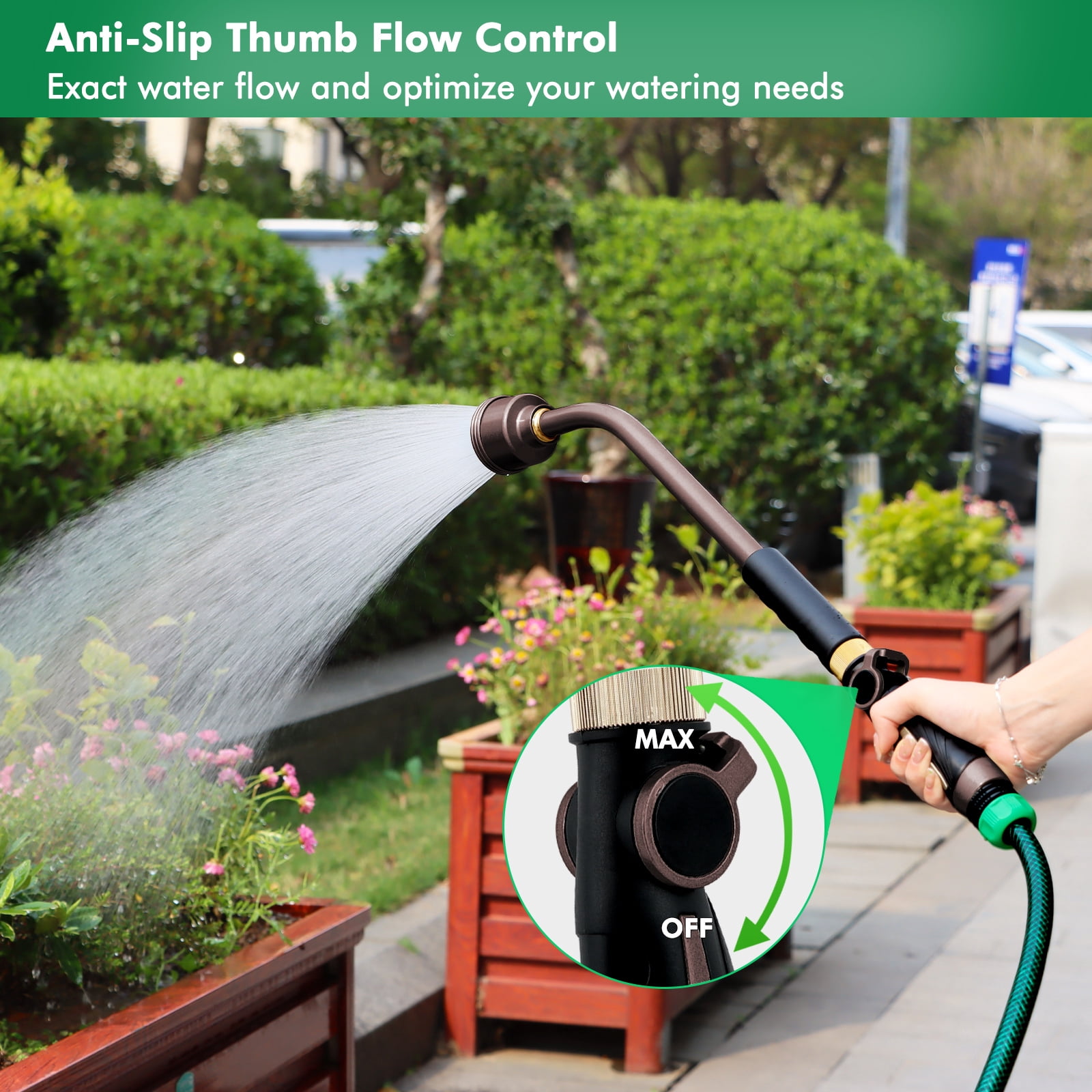 Restmo 24 Inch Metal Watering Wand, Gentle Shower Sprayer with Thumb Flow Control, Heavy Duty Garden Hose Wand for Hanging Baskets, Shrubs, Flowers, Brown