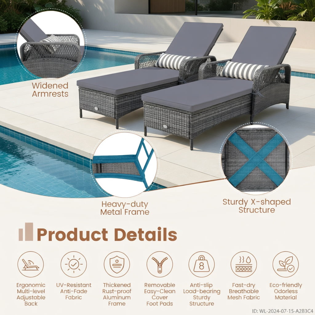 Hommoo Outdoor Chaise Lounge Chair with 6-Position Reclining Backrest, PE Rattan Patio Lounger, Includes Seat Cushion & Waist Pillow, Gray