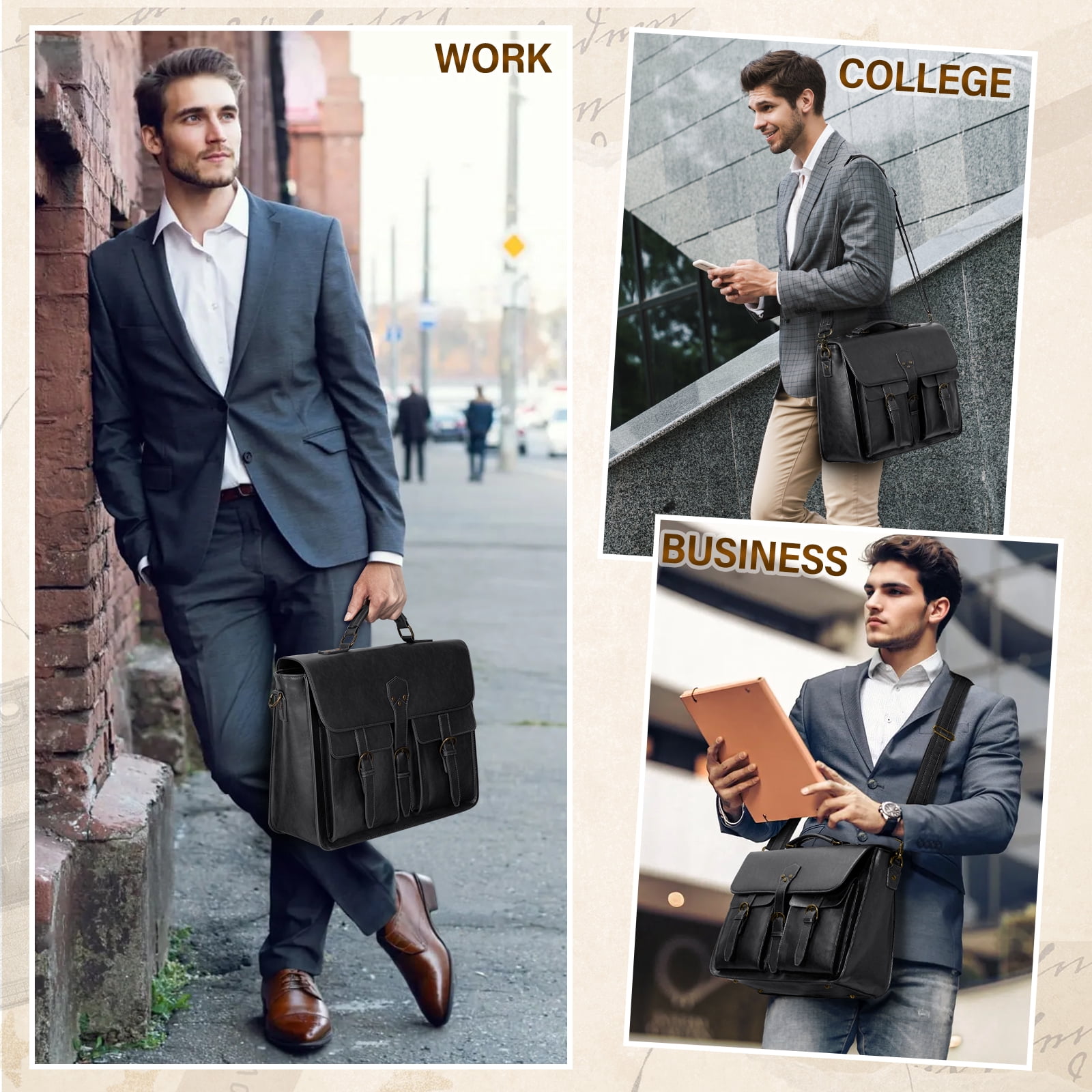 RAINSMORE Messenger Bag for Men 15.6 Inch Leather Vintage Laptop Briefcase Large Laptop Bag Waterproof Satchel Bag Computer Shoulder Bag for Office Work Travel College,Black