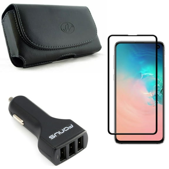Galaxy S10e Case Belt Clip w Car Charger w Screen Protector - Leather Holster Cover, 36W 3-Port USB 4.8A, Tempered Glass 5D Curved Edge for Samsung Galaxy S10e Phone