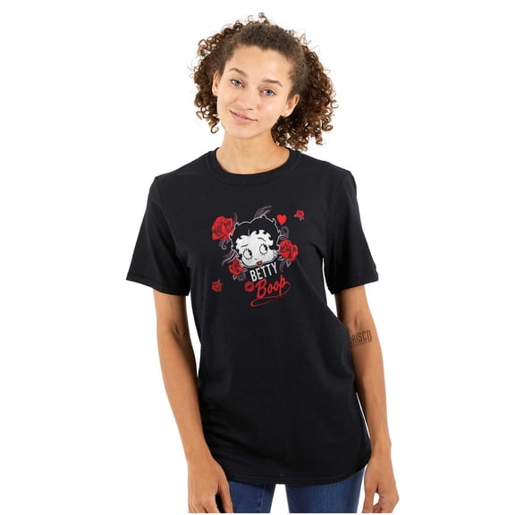 Retro Betty Boop Cartoon Head Roses Women's Graphic T Shirt Tees Brisco Brands S